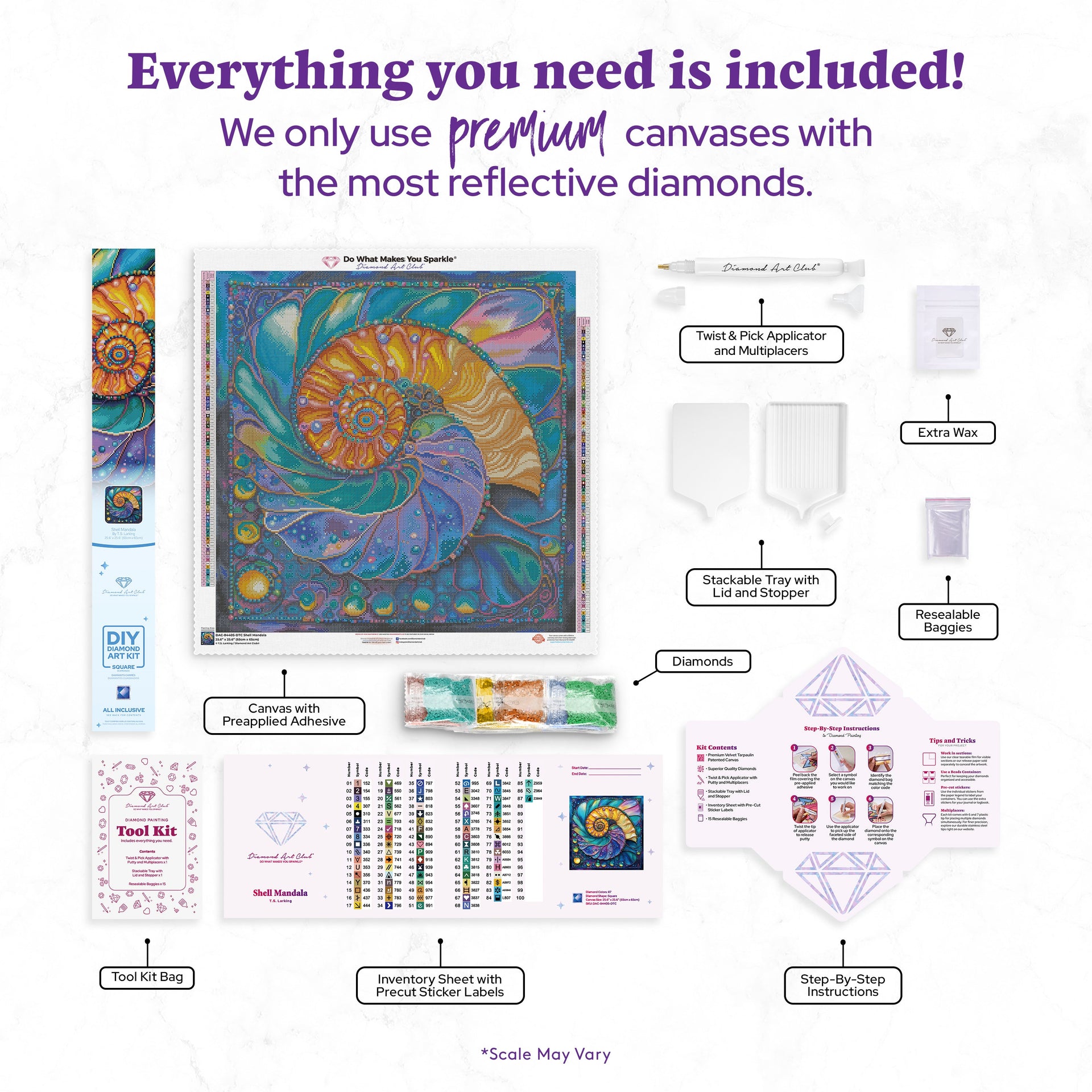 Diamond Painting Shell Mandala 25.6" x 25.6" (65cm x 65cm) / Square With 87 Colors Including 5 ABs and 1 Iridescent Diamond and 3 Fairy Dust Diamonds / 68,121