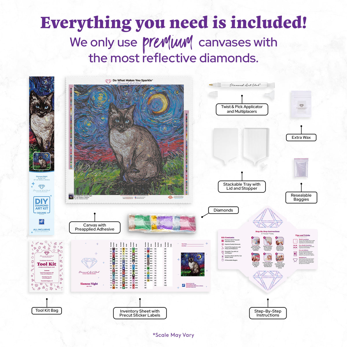 Diamond Painting Siamese Night 22" x 22" (55.8cm x 55.8cm) / Square with 65 Colors including 5 ABs and 2 Fairy Dust Diamonds / 50,176