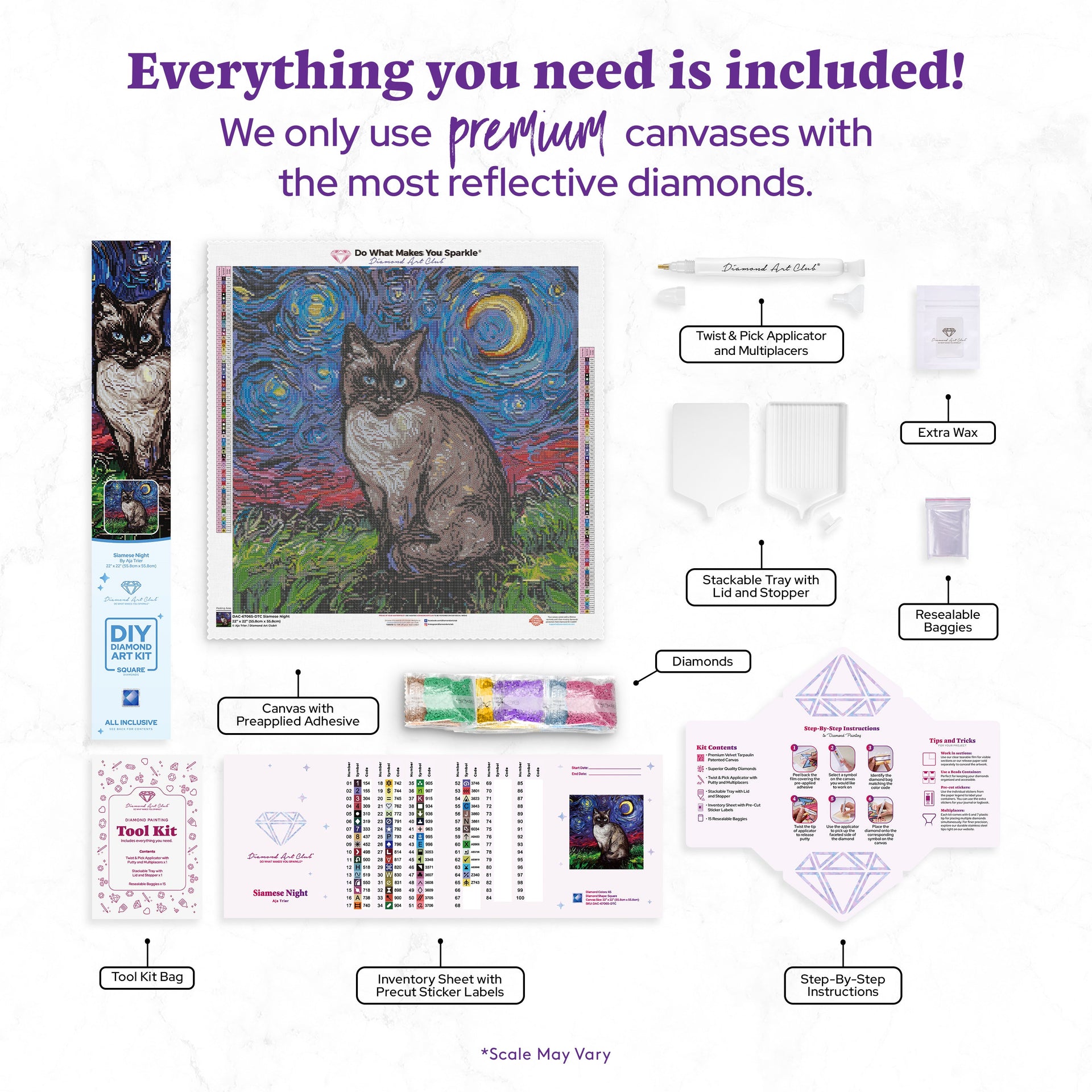 Diamond Painting Siamese Night 22" x 22" (55.8cm x 55.8cm) / Square with 65 Colors including 5 ABs and 2 Fairy Dust Diamonds / 50,176