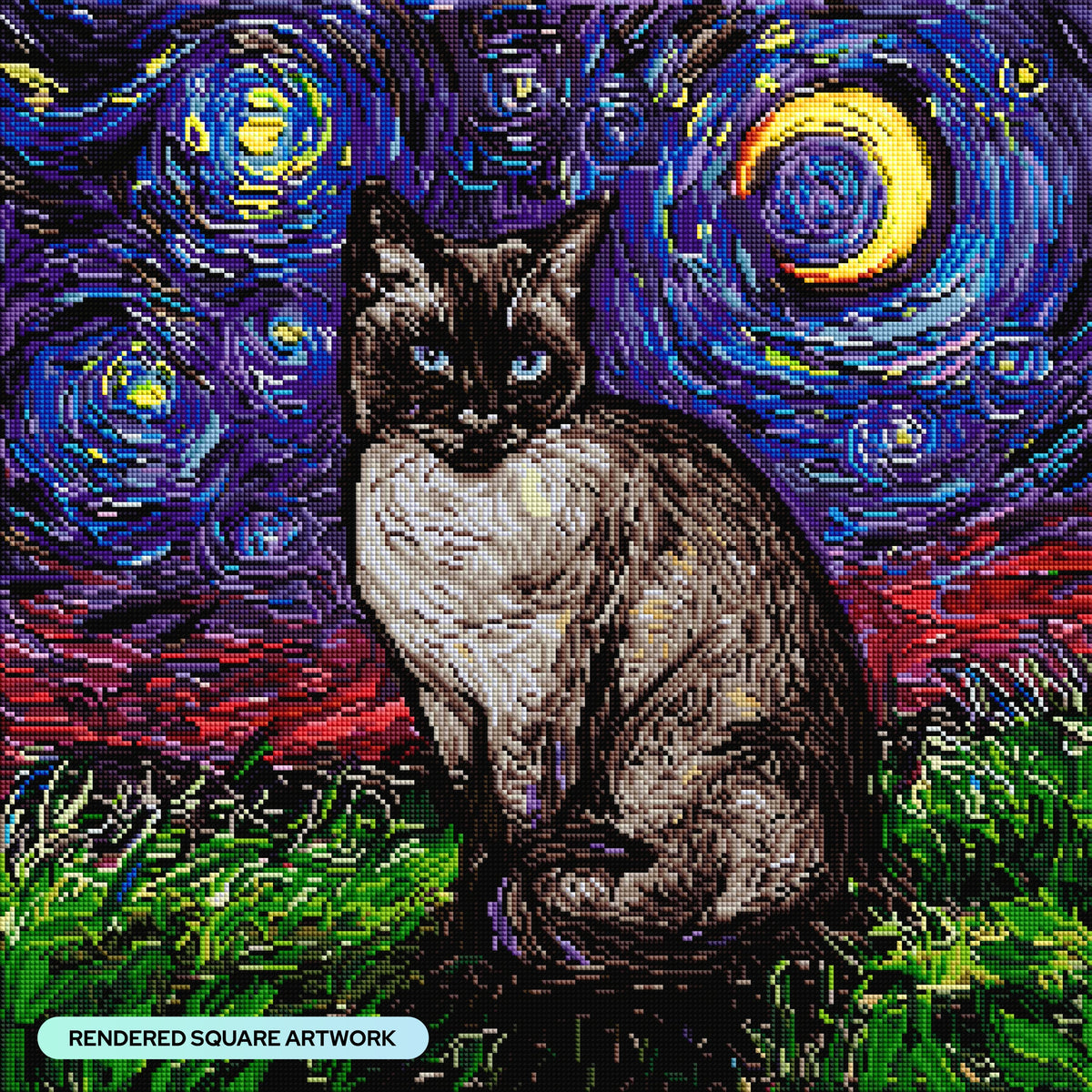 Diamond Painting Siamese Night 22" x 22" (55.8cm x 55.8cm) / Square with 65 Colors including 5 ABs and 2 Fairy Dust Diamonds / 50,176