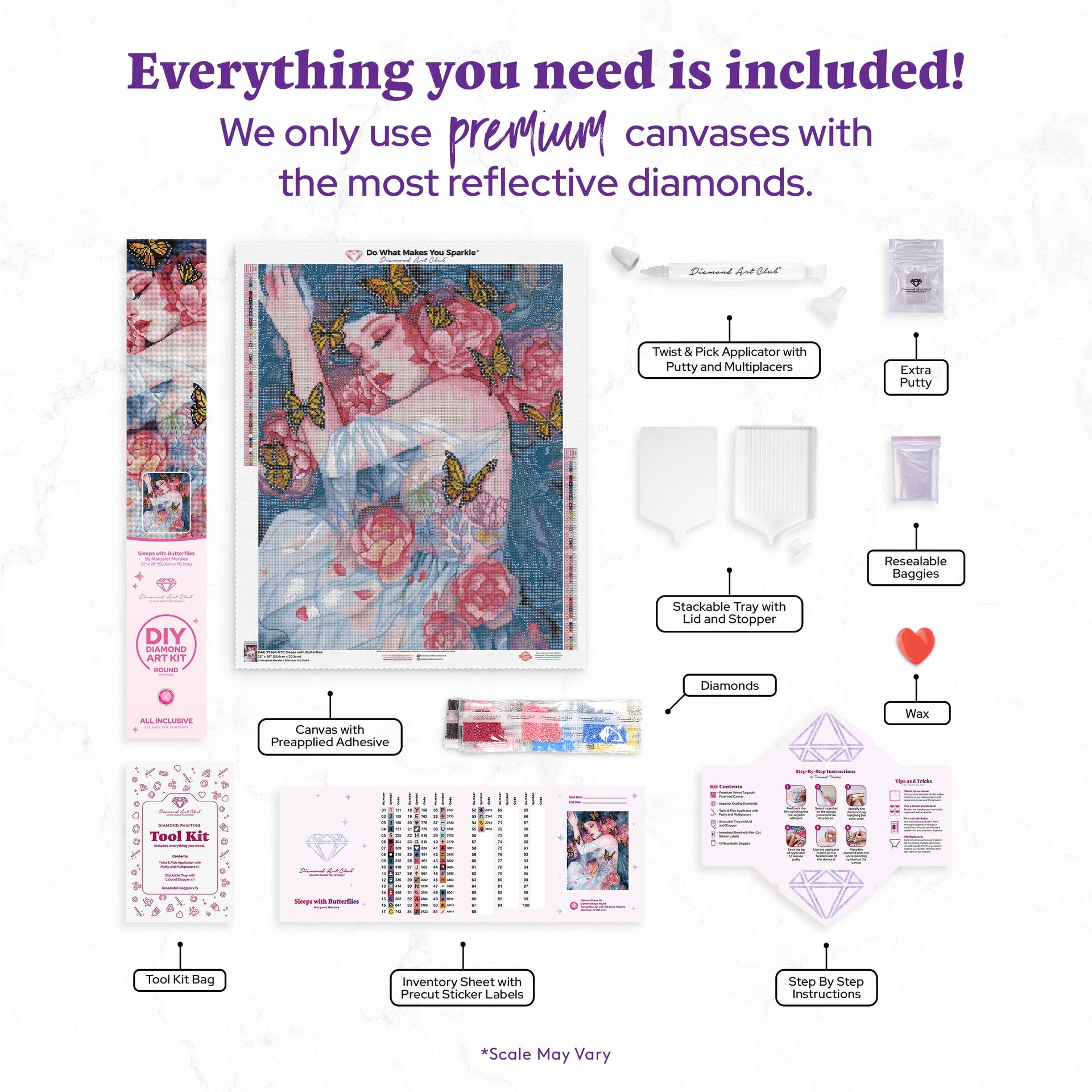 Diamond Painting Sleeps with Butterflies 22" x 28" (55.6cm x 70.2cm) / Round with 55 Colors including 2 ABs and 4 Fairy Dust Diamonds / 51,510