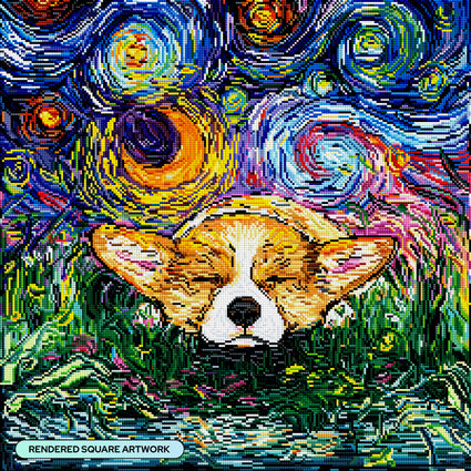 Diamond Painting Sleepy Corgi Night 22" x 22" (55.8cm x 55.8cm) / Square with 68 Colors including 2 ABs and 3 Fairy Dust Diamonds / 50,176