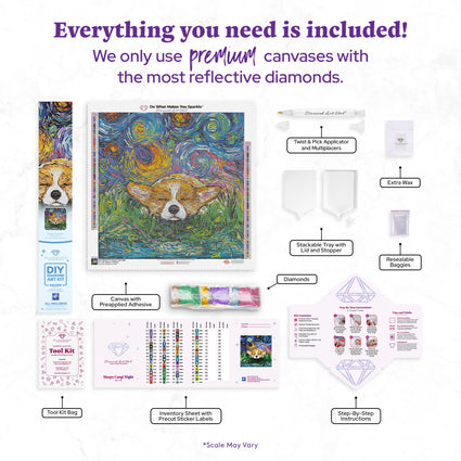 Diamond Painting Sleepy Corgi Night 22" x 22" (55.8cm x 55.8cm) / Square with 68 Colors including 2 ABs and 3 Fairy Dust Diamonds / 50,176