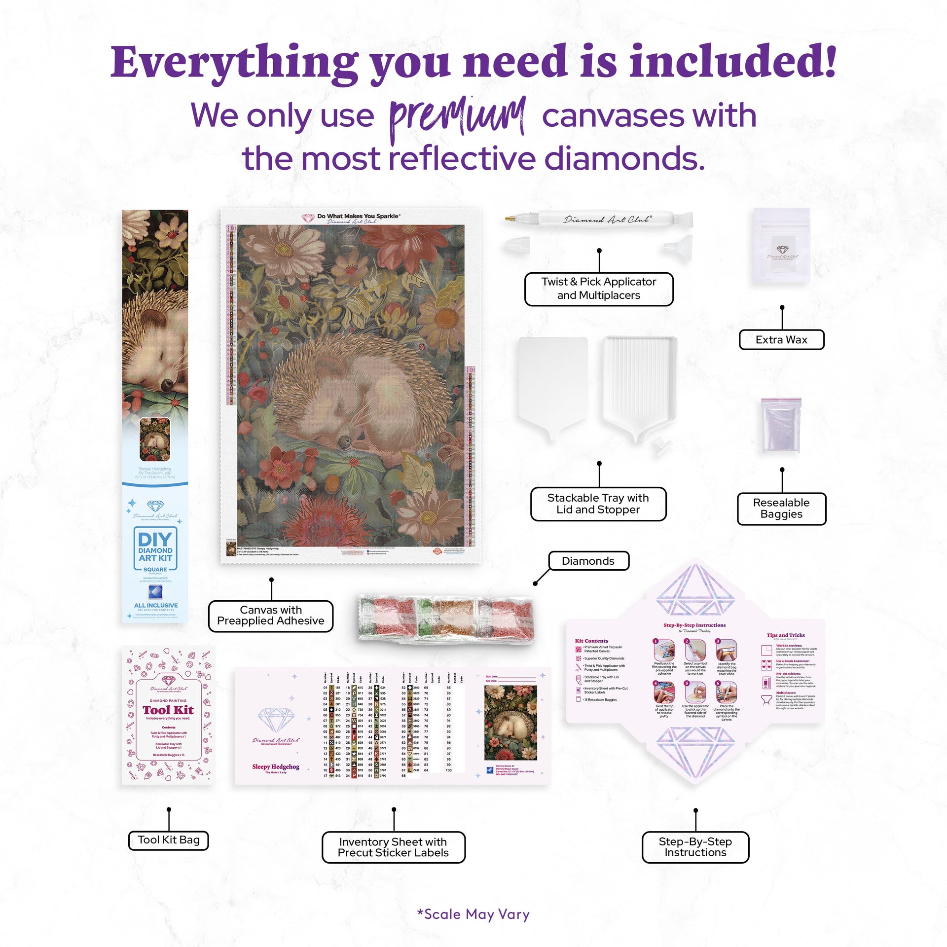 Diamond Painting Sleepy Hedgehog 22" x 31" (55.8cm x 78.7cm) / Square with 67 Colors including 2 ABs and 2 Fairy Dust Diamonds / 70,784