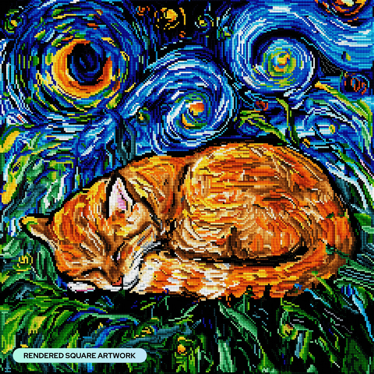 Diamond Painting Sleepy Orange Tabby Night 23.6" x 23.6" (60cm x 60cm) / Square with 53 Colors including 5 AB / 57,600