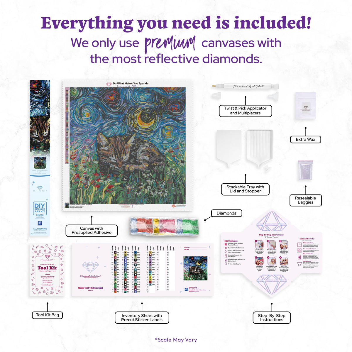 Diamond Painting Sleepy Tabby Kitten Night 25.6" x 25.6" (65cm x 65cm) / Square with 65 Colors including 2 ABs and 1 Iridescent Diamond and 3 Fairy Dust Diamonds / 68,121