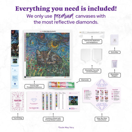 Diamond Painting Sleepy Tabby Kitten Night 25.6" x 25.6" (65cm x 65cm) / Square with 65 Colors including 2 ABs and 1 Iridescent Diamond and 3 Fairy Dust Diamonds / 68,121