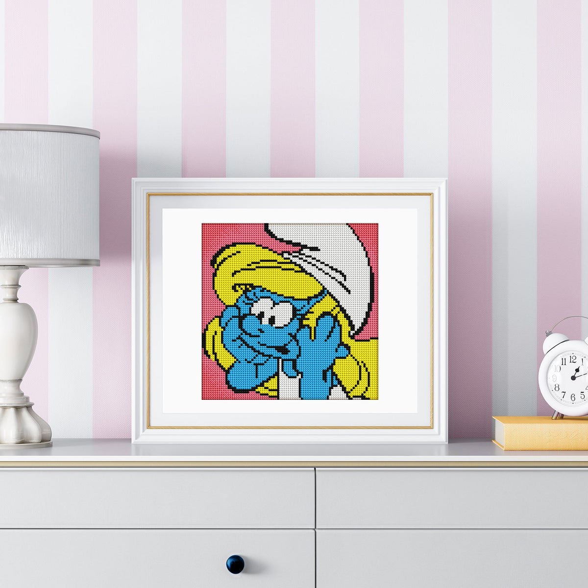 Diamond Painting Smurfette 9" x 9" (23cm x 23cm) / Round with 6 Colors including 1 Glow In The Dark Diamond and 1 Fairy Dust Diamond / 6,724