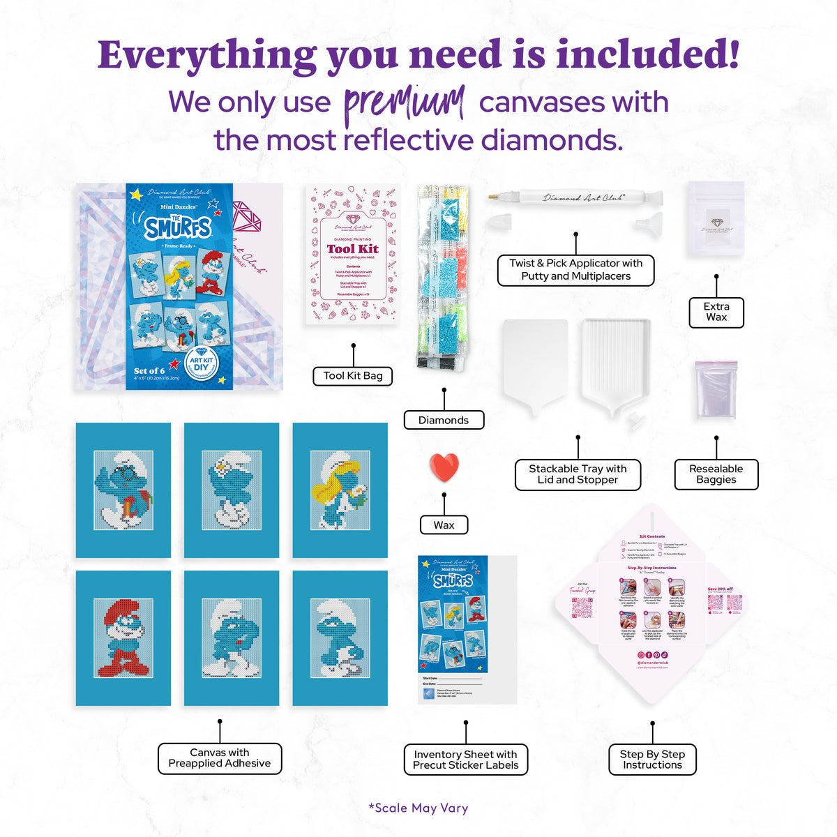 Diamond Painting Smurfs™ - Mini Dazzles™ 4" x 6" (10.2cm x 15.2cm) / Square With 11 Colors Including 1 ABs and 10 Fairy Dust Diamonds / 7,200