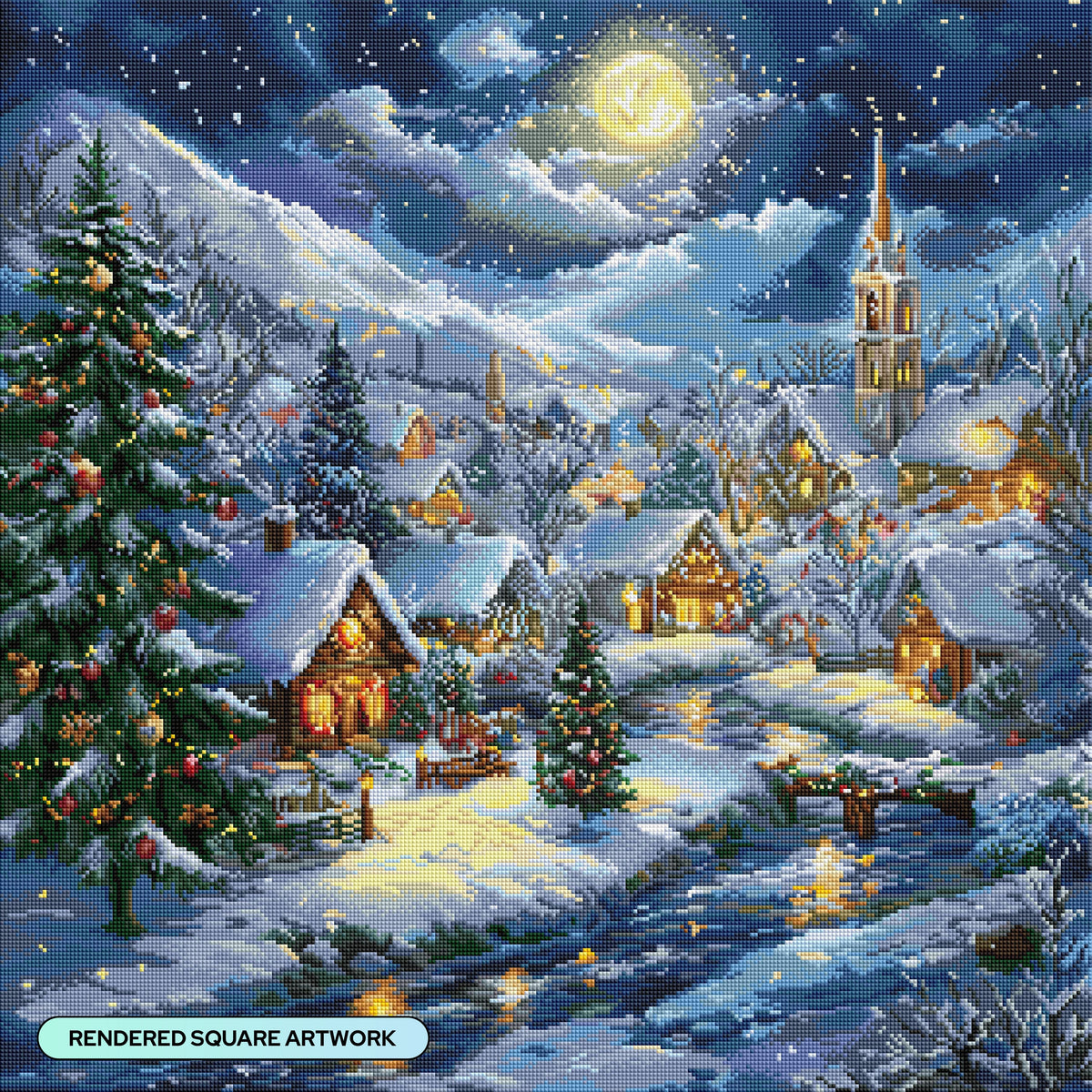 Diamond Painting Snow Covered Village 27.6" x 27.6" (69.9cm x 69.9cm) / Square with 72 Colors including 1 AB and 1 Iridescent Diamond and 3 Fairy Dust Diamonds / 78,961