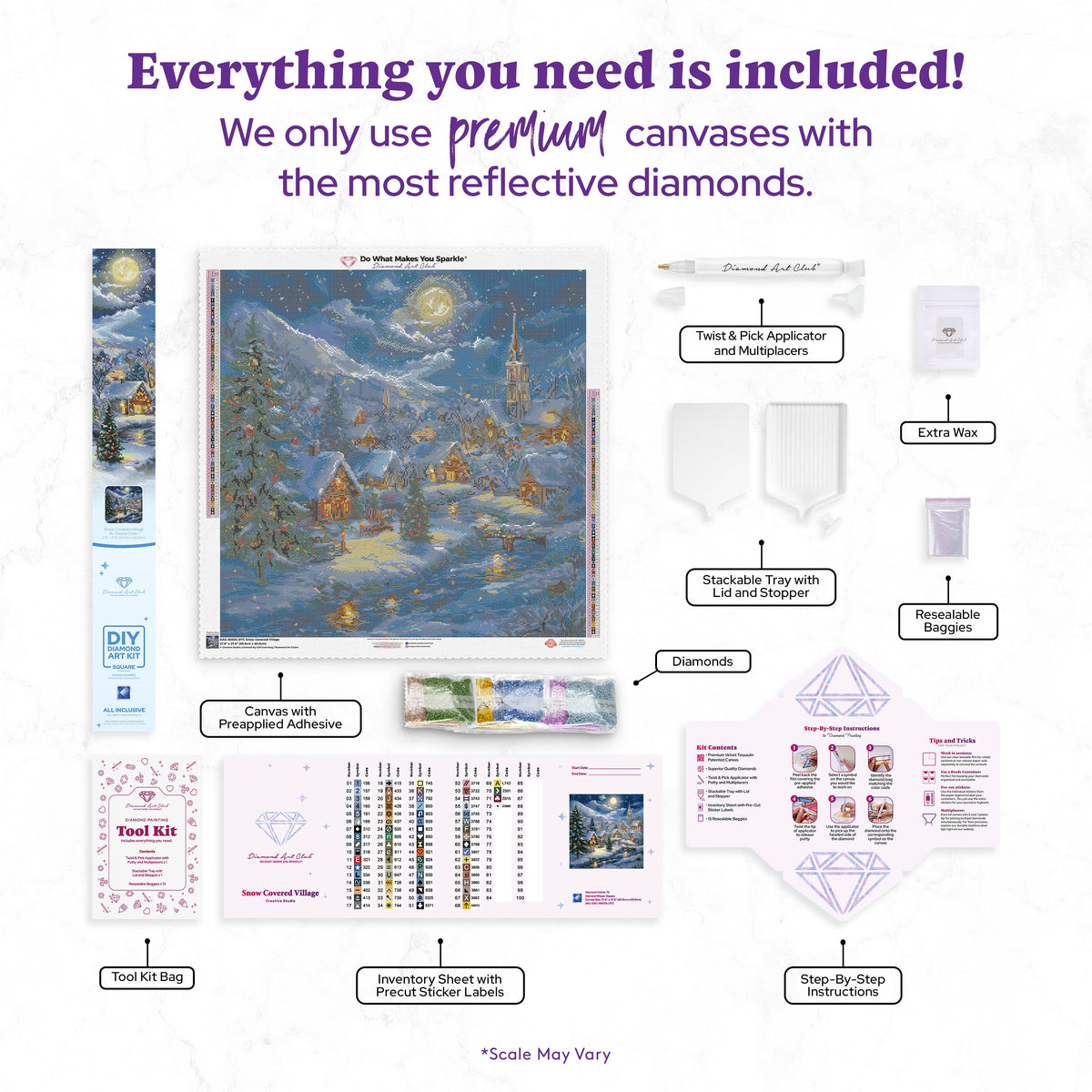 Diamond Painting Snow Covered Village 27.6" x 27.6" (69.9cm x 69.9cm) / Square with 72 Colors including 1 AB and 1 Iridescent Diamond and 3 Fairy Dust Diamonds / 78,961