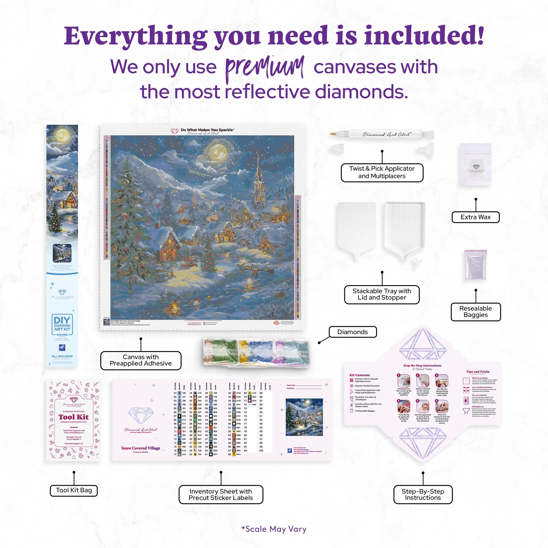 Diamond Painting Snow Covered Village 27.6" x 27.6" (69.9cm x 69.9cm) / Square with 72 Colors including 1 AB and 1 Iridescent Diamond and 3 Fairy Dust Diamonds / 78,961