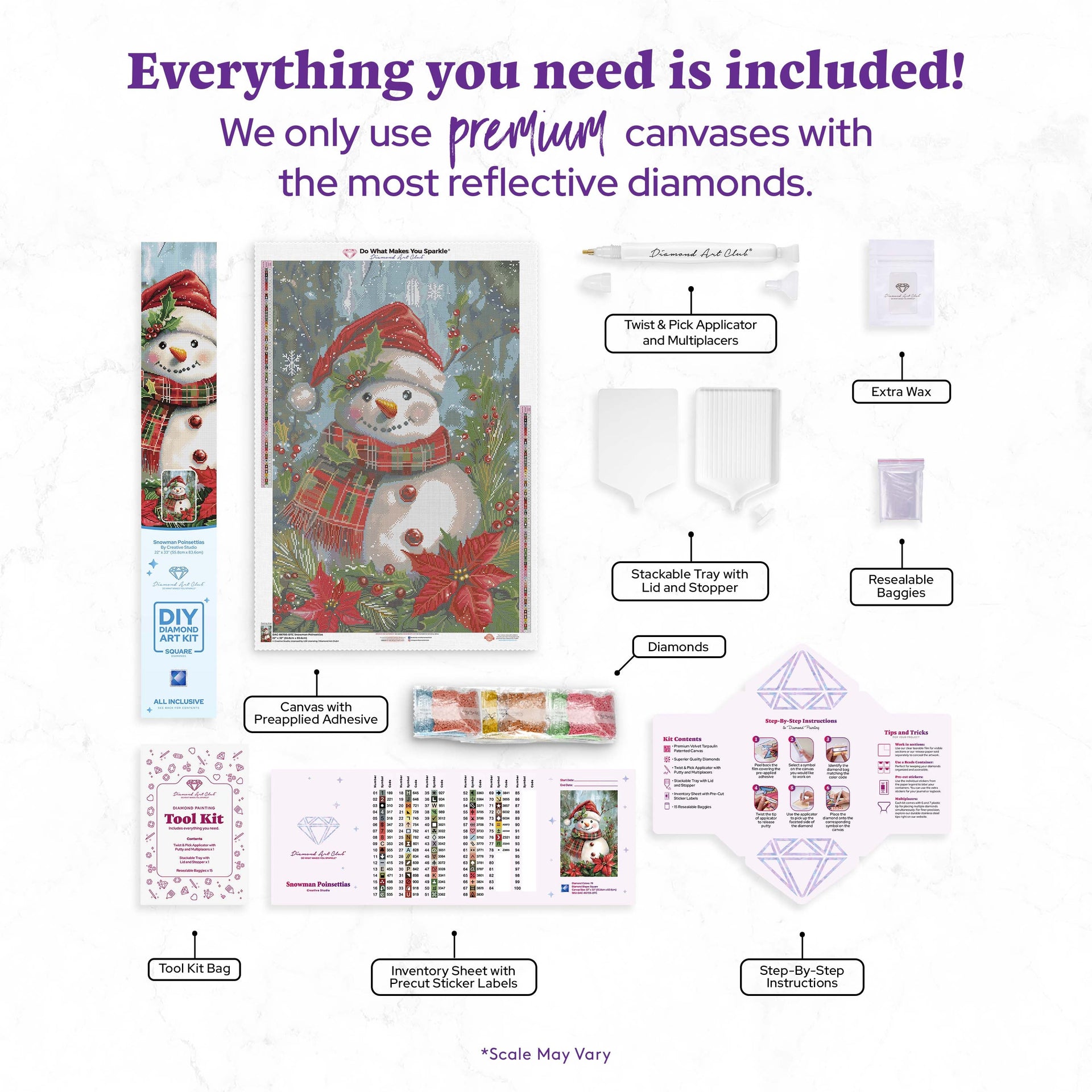 Diamond Painting Snowman Poinsettias 22" x 33" (55.8cm x 83.6cm) / Square with 78 Colors including 2 ABs and 3 Fairy Dust Diamonds / 75,264