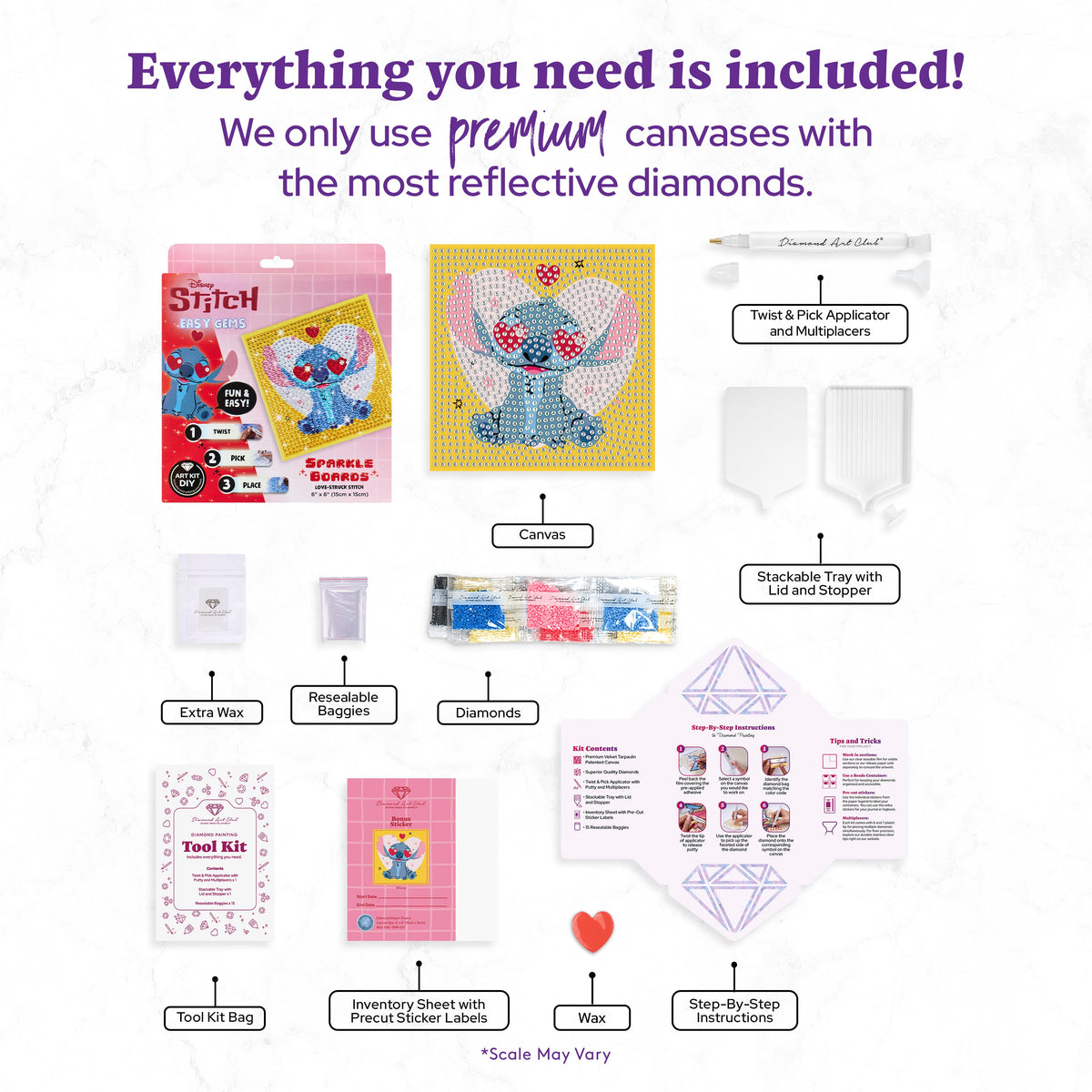 Diamond Painting Sparkle Boards - Love-Struck Stitch 6" x 6" (15cm x 15cm) / Round with 7 Colors including 7 Iridescent Diamonds / 1,061