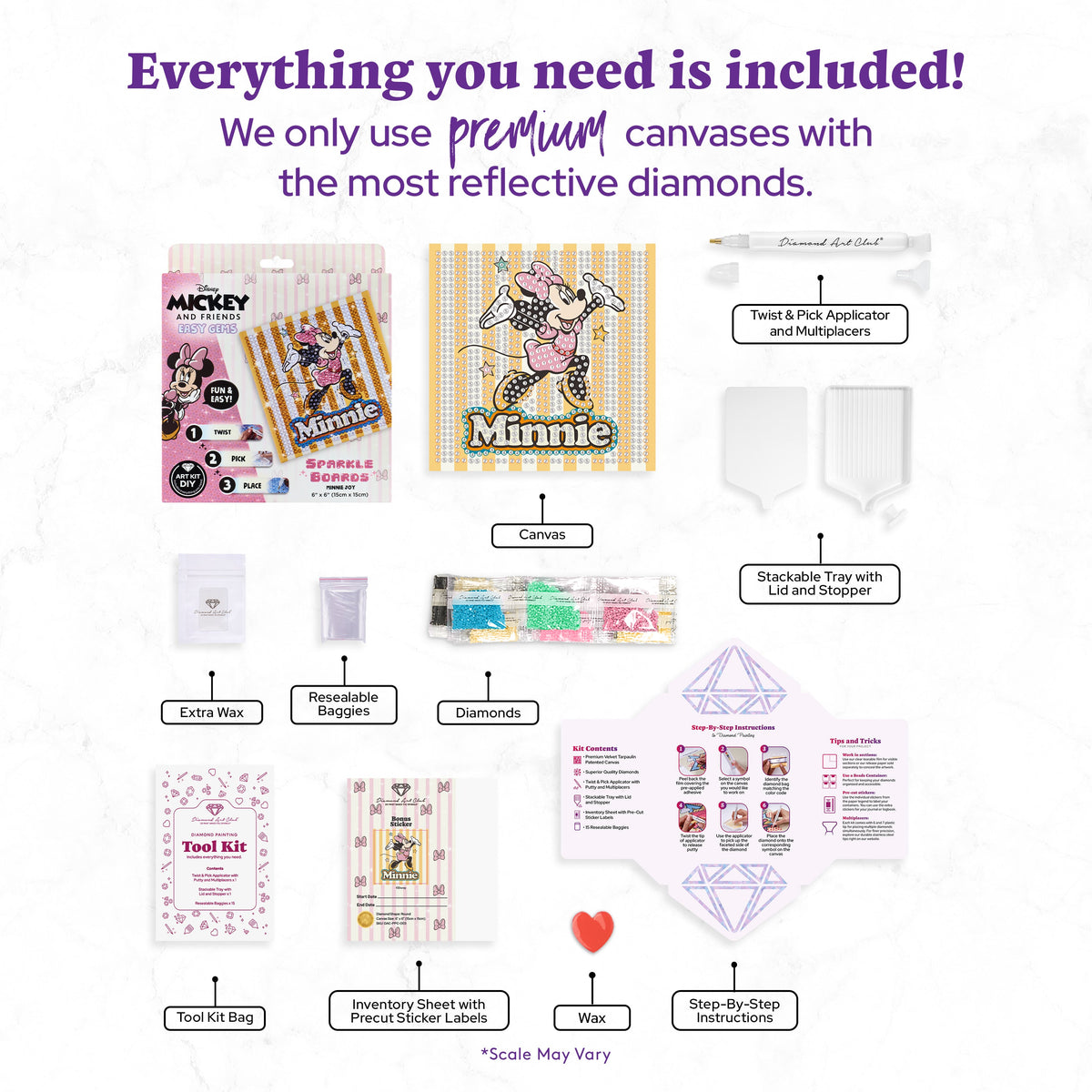 Diamond Painting Sparkle Boards - Minnie Joy 6" x 6" (15cm x 15cm) / Round with 6 Colors including 6 Iridescent Diamonds / 863