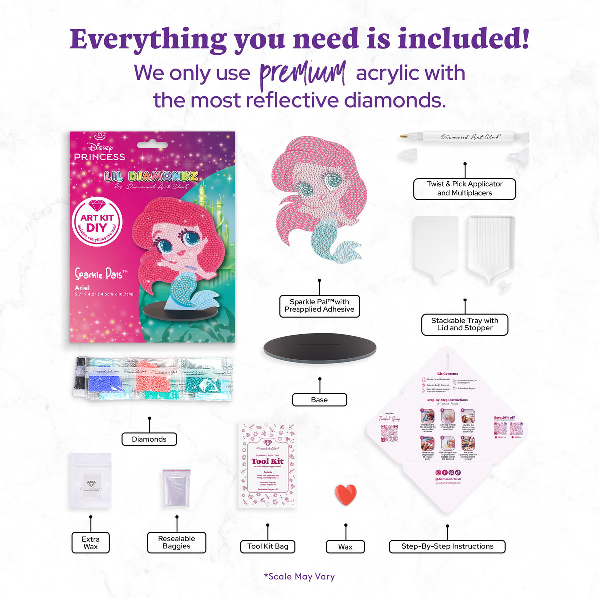 Diamond Painting Sparkle Pals™ - Chibi Ariel™ 5.7" x 4.2" (14.5cm x 10.7cm) / Round with 10 Colors including 1 AB and 1 Fairy Dust Diamond / 1,228