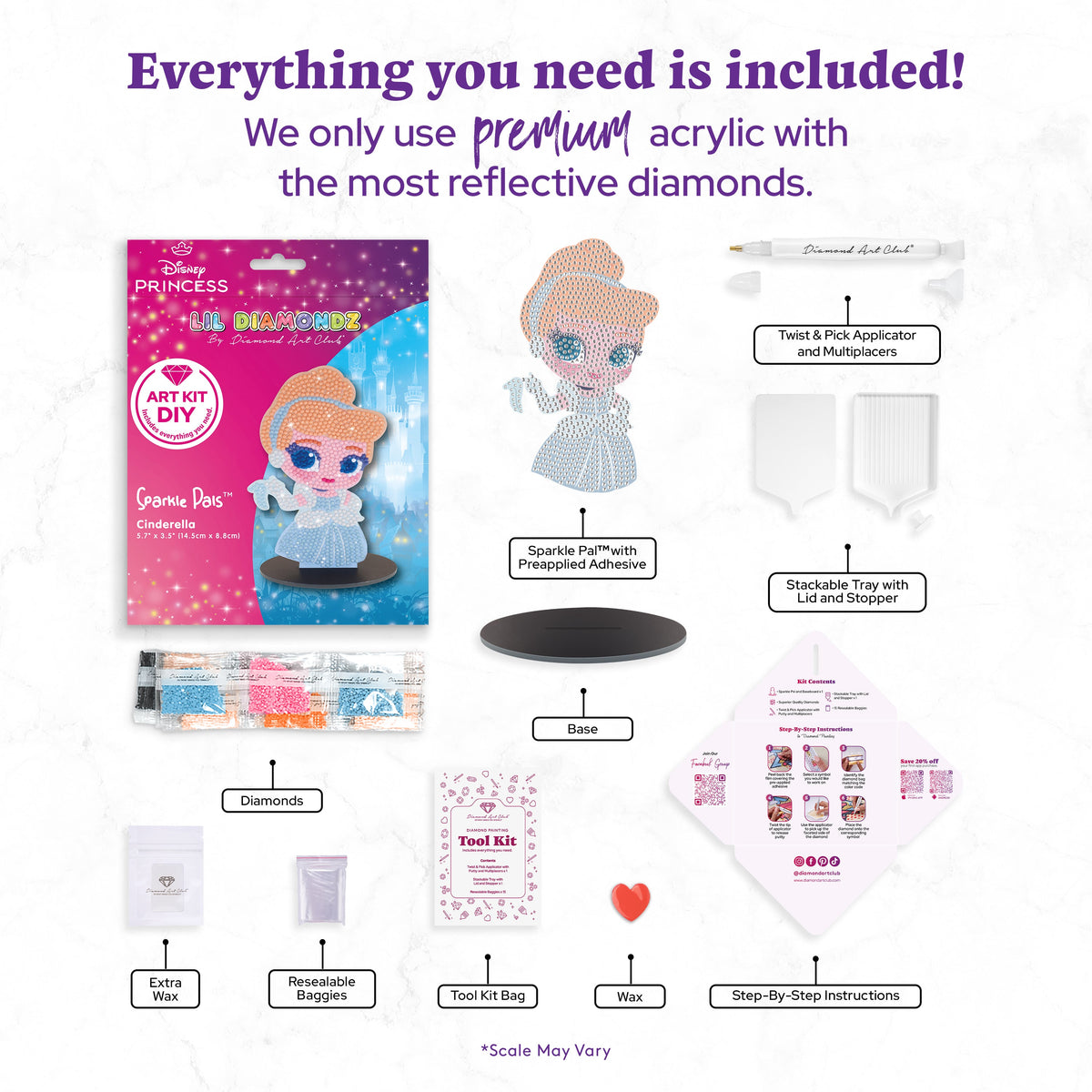 Diamond Painting Sparkle Pals™ - Chibi Cinderella™ 5.7" x 3.4" (14.5cm x 8.8cm) / Round with 12 Colors including 3 Fairy Dust Diamonds / 924
