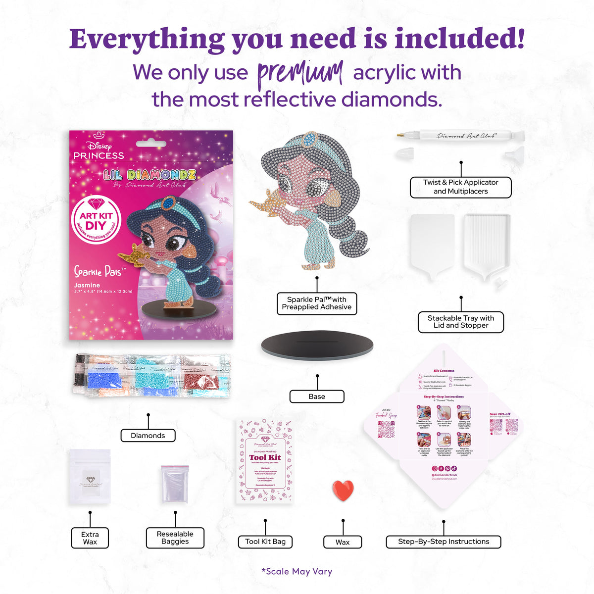 Diamond Painting Sparkle Pals™ - Chibi Jasmine™ 5.7" x 4.8" (14.5cm x 12.3cm) / Round with 12 Colors including 1 Electro Diamond and 2 Fairy Dust Diamonds / 1,124
