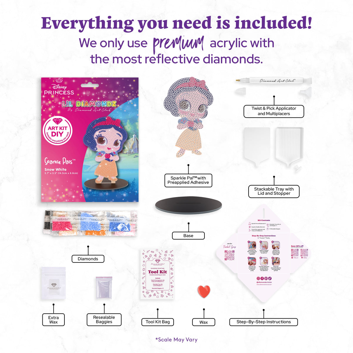 Diamond Painting Sparkle Pals™ - Chibi Snow White™ 5.7" x 3.4" (14.5cm x 8.8cm) / Round with 12 Colors including 2 Fairy Dust Diamonds / 873