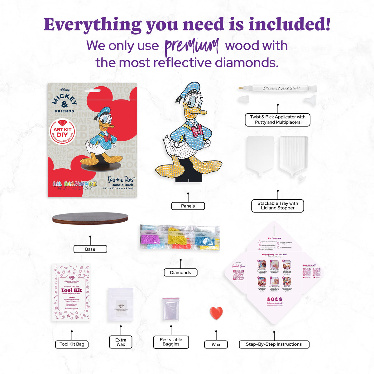 Diamond Painting Sparkle Pals™ - Donald Duck™ 5.6" x 3.8" (14.3cm x 9.6cm) / Round with 8 Colors including 1 AB and 1 Fairy Dust Diamond / 474