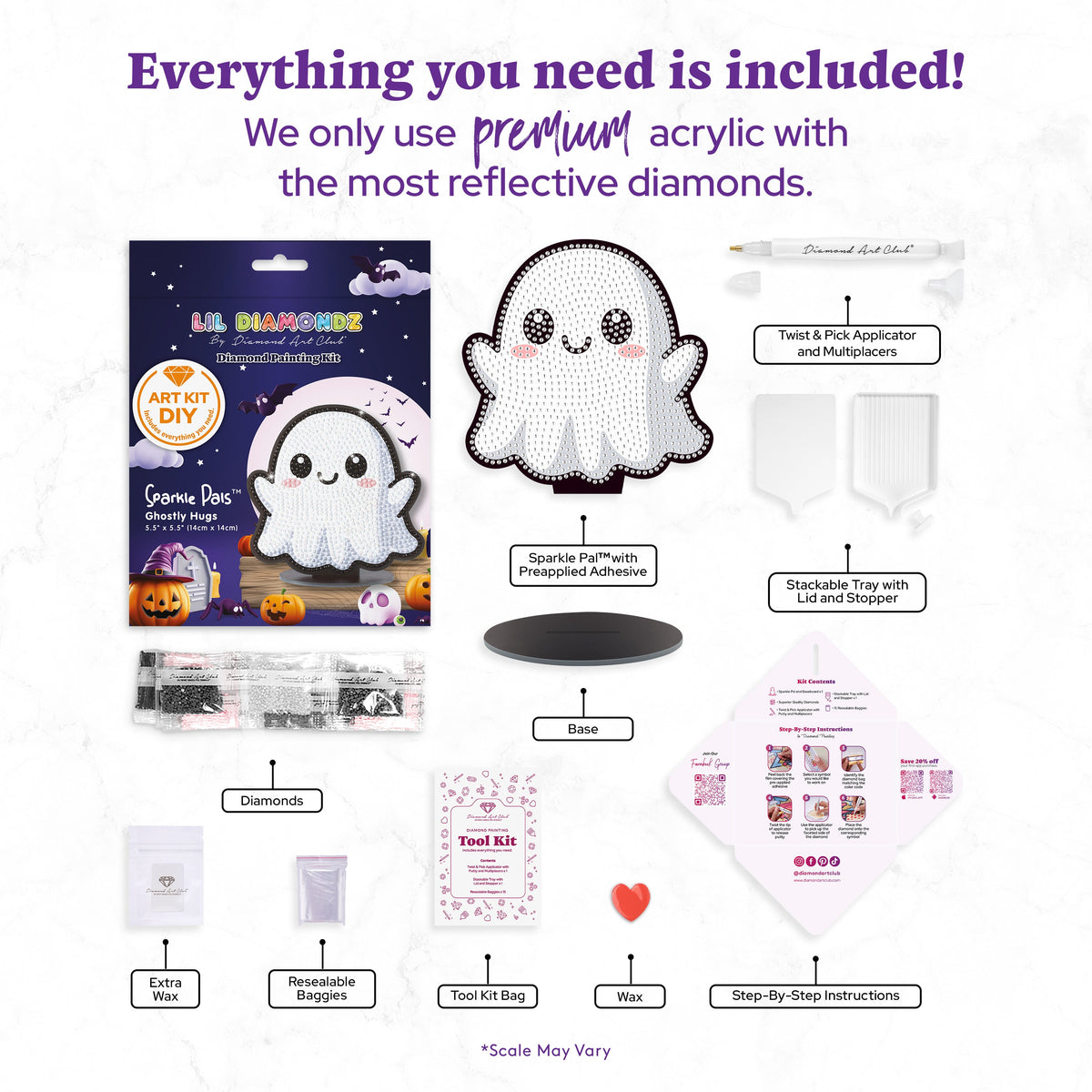 Diamond Painting Sparkle Pals™ - Ghostly Hugs 5.5" x 5.5" (14cm x 14cm) / Round with 4 Colors including 1 AB and 2 Fairy Dust Diamonds / 1,020
