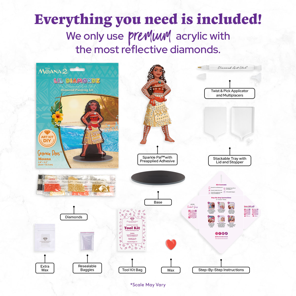 Diamond Painting Sparkle Pals™ - Moana 2.4" x 5.2" (6cm x 13.3cm) / Round with 8 Colors including 1 Iridescent Diamond and 3 Fairy Dust Diamonds / 260