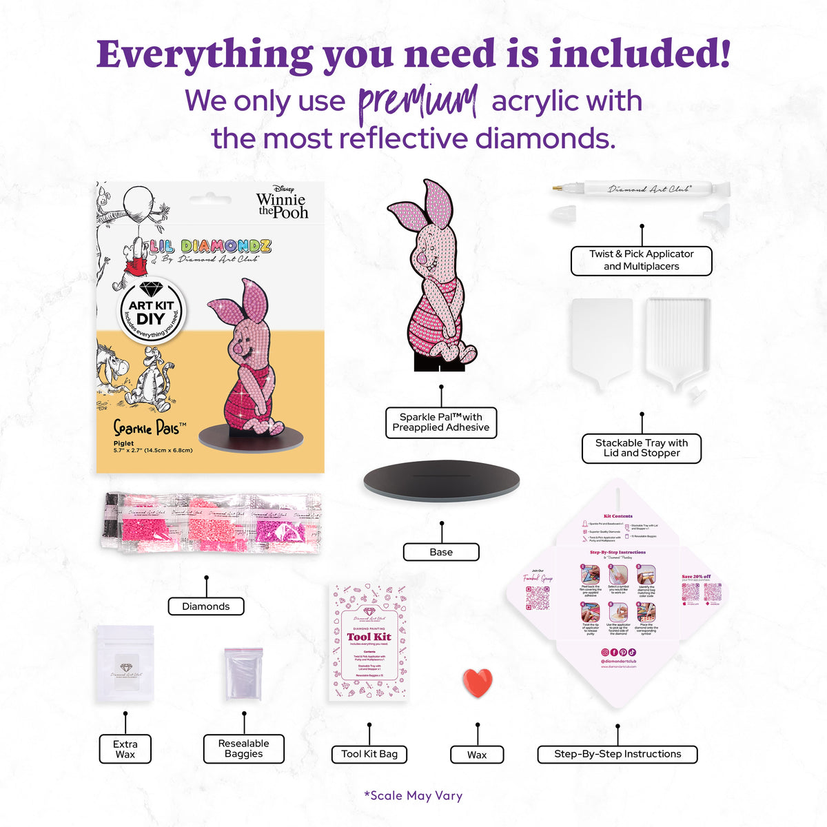 Diamond Painting Sparkle Pals™ - Piglet 5.7" x 2.6" (14.5cm x 6.8cm) / Round with 4 Colors including 3 Fairy Dust Diamonds / 478