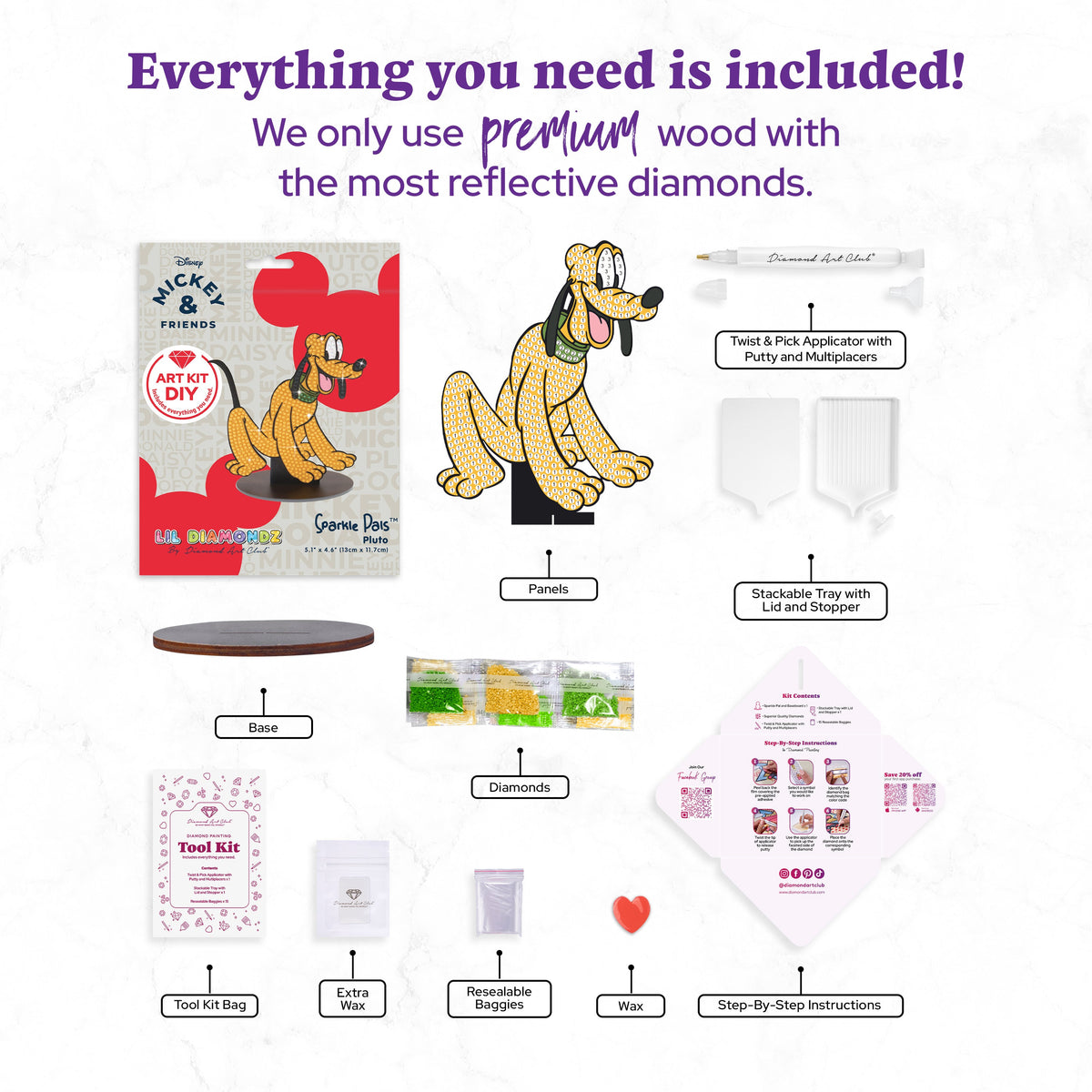 Diamond Painting Sparkle Pals™ - Pluto 5.1" x 4.6" (13cm x 11.7 cm) / Round with 4 Colors including 1 AB and 2 Fairy Dust Diamonds / 503