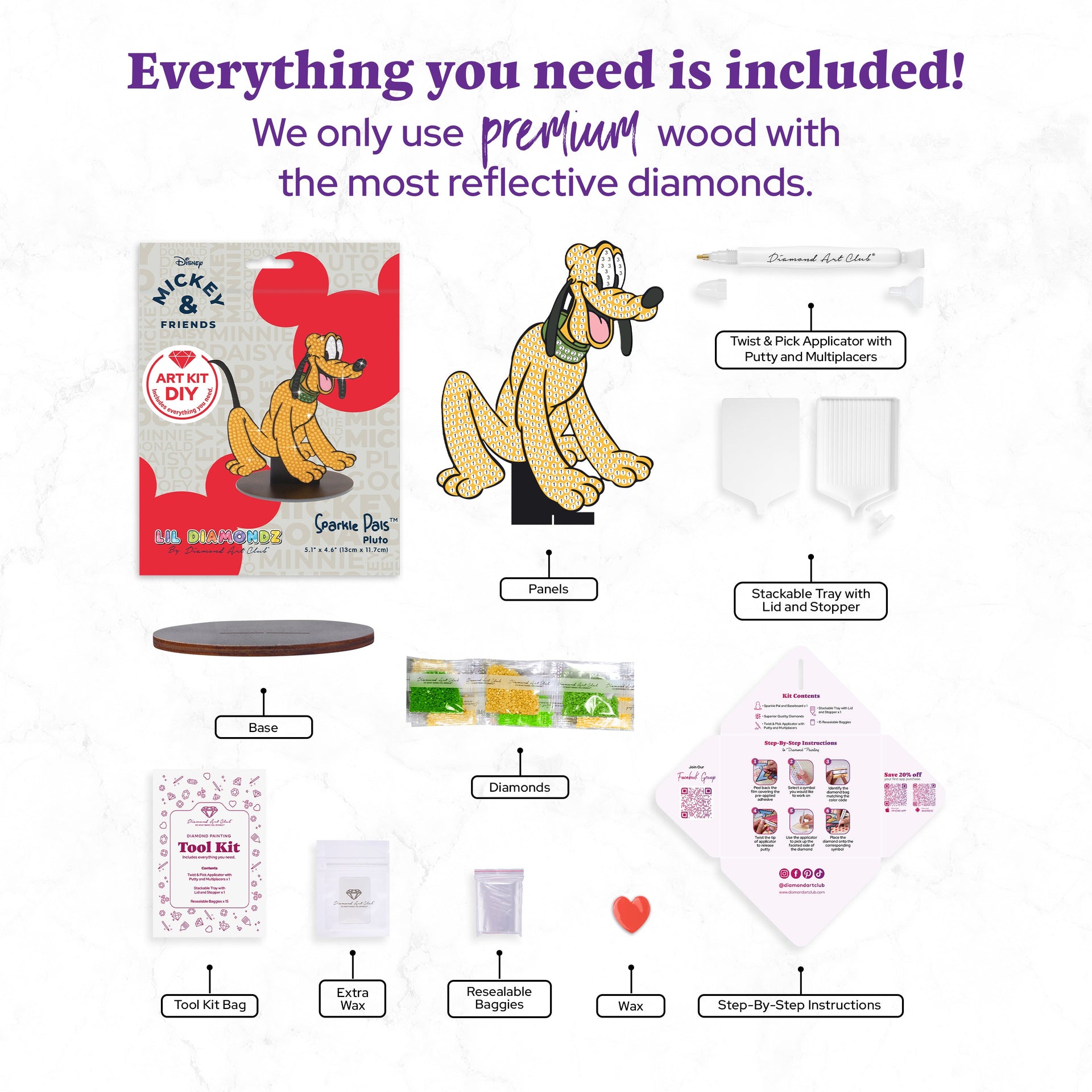 Diamond Painting Sparkle Pals™ - Pluto 5.1" x 4.6" (13cm x 11.7 cm) / Round with 4 Colors including 1 AB and 2 Fairy Dust Diamonds / 503