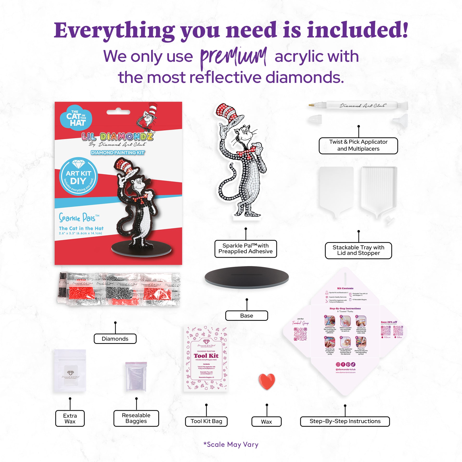 Diamond Painting Sparkle Pals™ - The Cat in the Hat 2.6" x 5.5" (6.6cm x 14.1cm) / Round with 3 Colors including 1 AB and 1 Fairy Dust Diamond / 330
