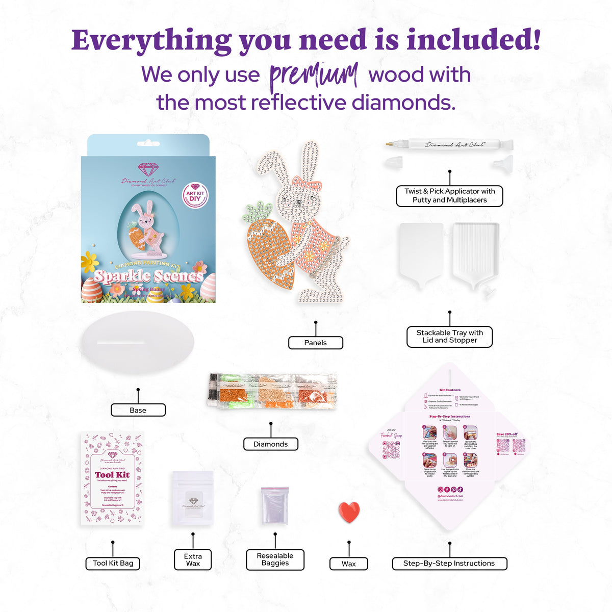 Diamond Painting Sparkle Scenes - Spring Bunny 5.5" x 3.5" x 1.9" (14cm x 9cm x 5cm) / Round with 9 Colors Including 2 Fairy Dust Diamonds and 2 Special Diamonds / 628