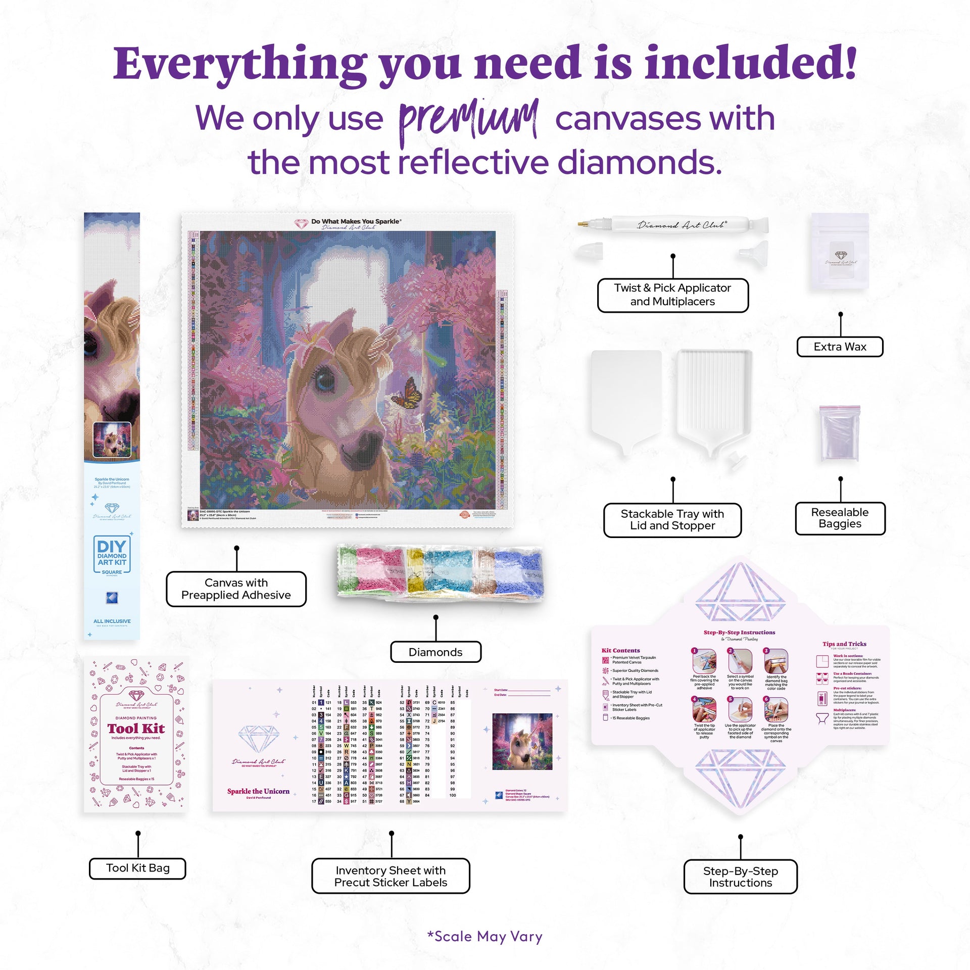 Diamond Painting Sparkle the Unicorn 25.2" x 23.6" (64cm x 60cm) / Square with 72 Colors including 2 ABs and 3 Fairy Dust Diamonds / 61,937