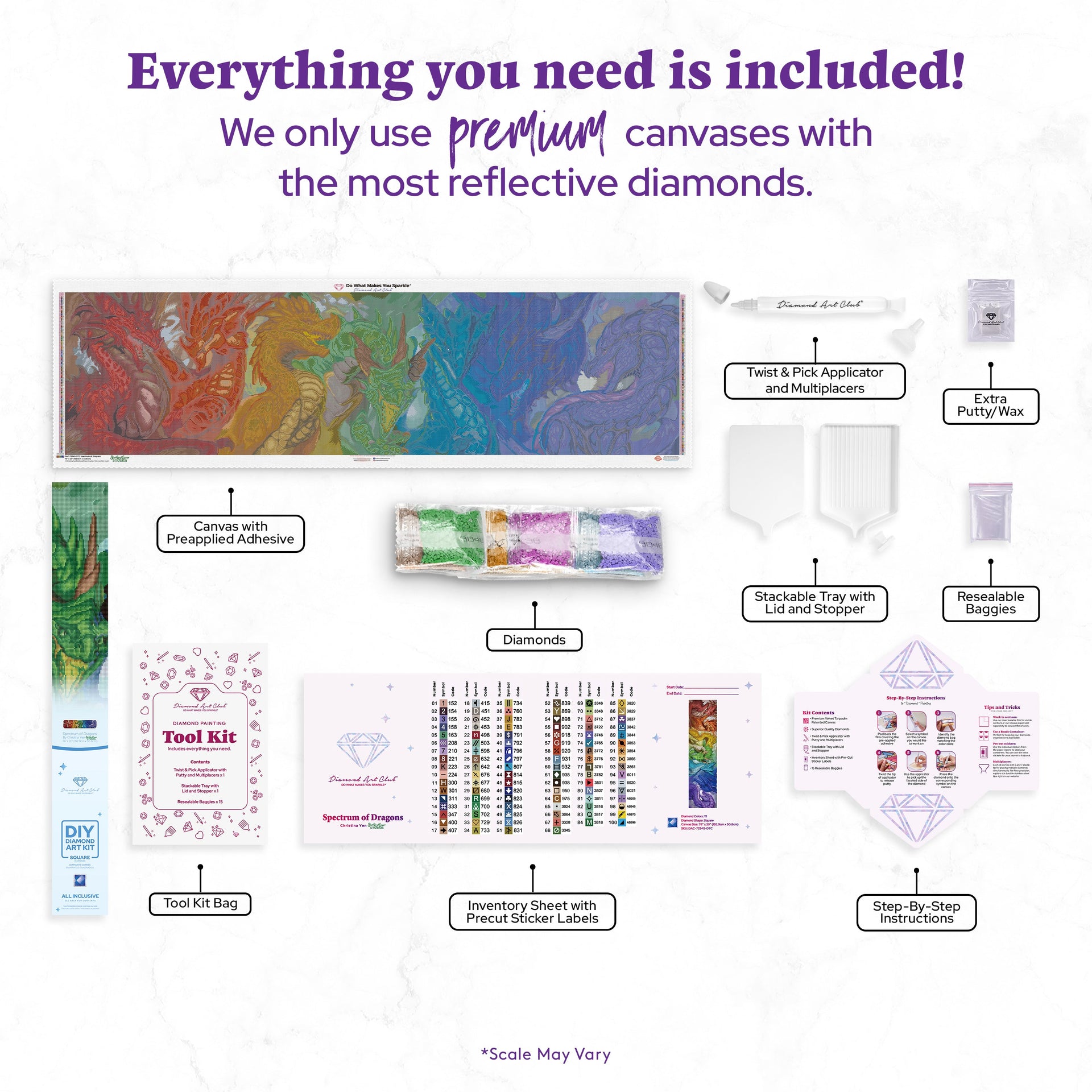 Diamond Painting Spectrum of Dragons 76" x 20" (192.9cm x 50.8cm) / Square With 111 Colors Including 5 ABs and 10 Fairy Dust Diamonds / 158,100