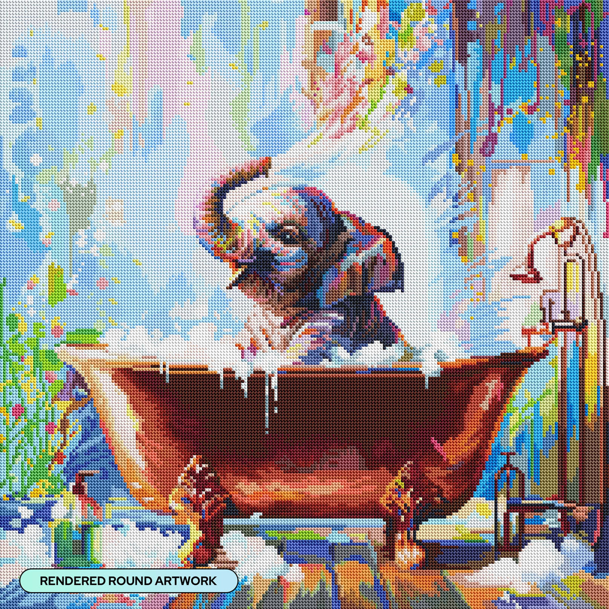 Diamond Painting Splish Splash Baby Elephant 22" x 22" (55.6cm x 55.6cm) / Round with 70 Colors including 2 ABs and 4 Fairy Dust Diamonds / 40,804