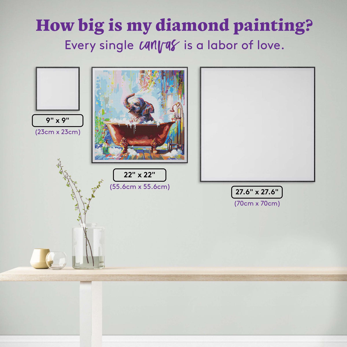 Diamond Painting Splish Splash Baby Elephant 22" x 22" (55.6cm x 55.6cm) / Round with 70 Colors including 2 ABs and 4 Fairy Dust Diamonds / 40,804