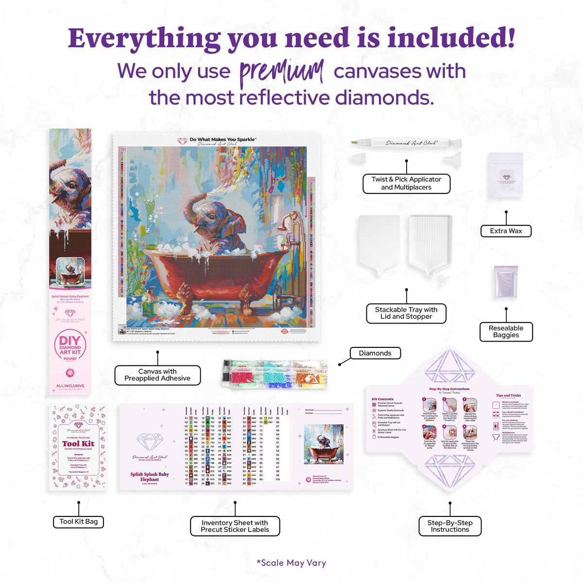 Diamond Painting Splish Splash Baby Elephant 22" x 22" (55.6cm x 55.6cm) / Round with 70 Colors including 2 ABs and 4 Fairy Dust Diamonds / 40,804