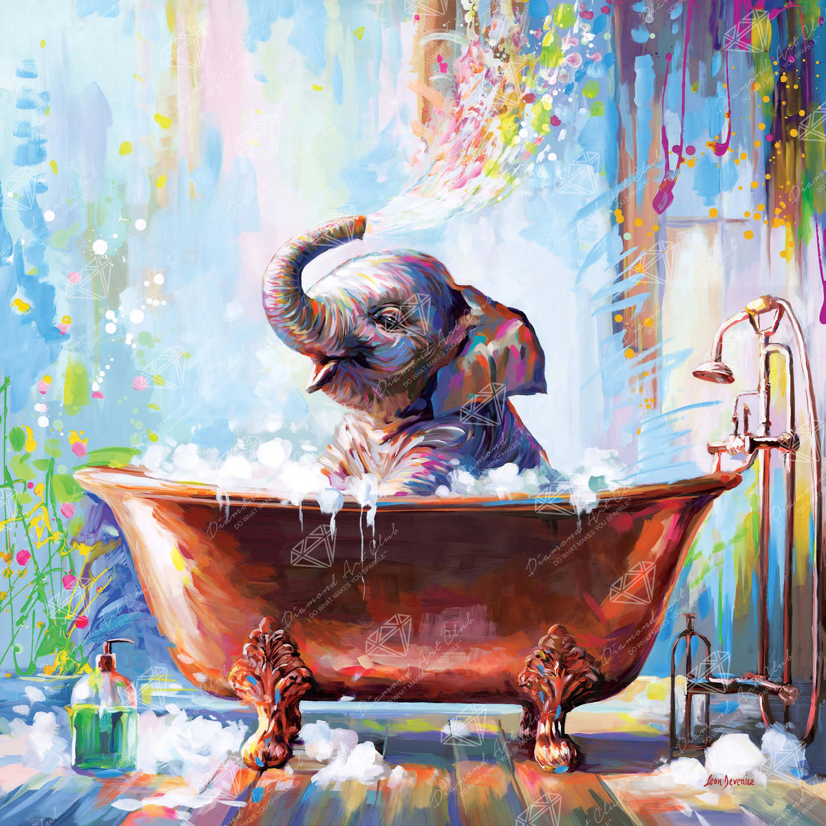Diamond Painting Splish Splash Baby Elephant 22" x 22" (55.6cm x 55.6cm) / Round with 70 Colors including 2 ABs and 4 Fairy Dust Diamonds / 40,804