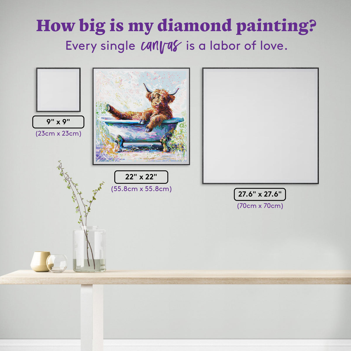 Diamond Painting Splish Splash Baby Highland Cow 22" x 22" (55.8cm x 55.8cm) / Square with 69 Colors including 3 ABs and 3 Fairy Dust Diamonds / 50,176