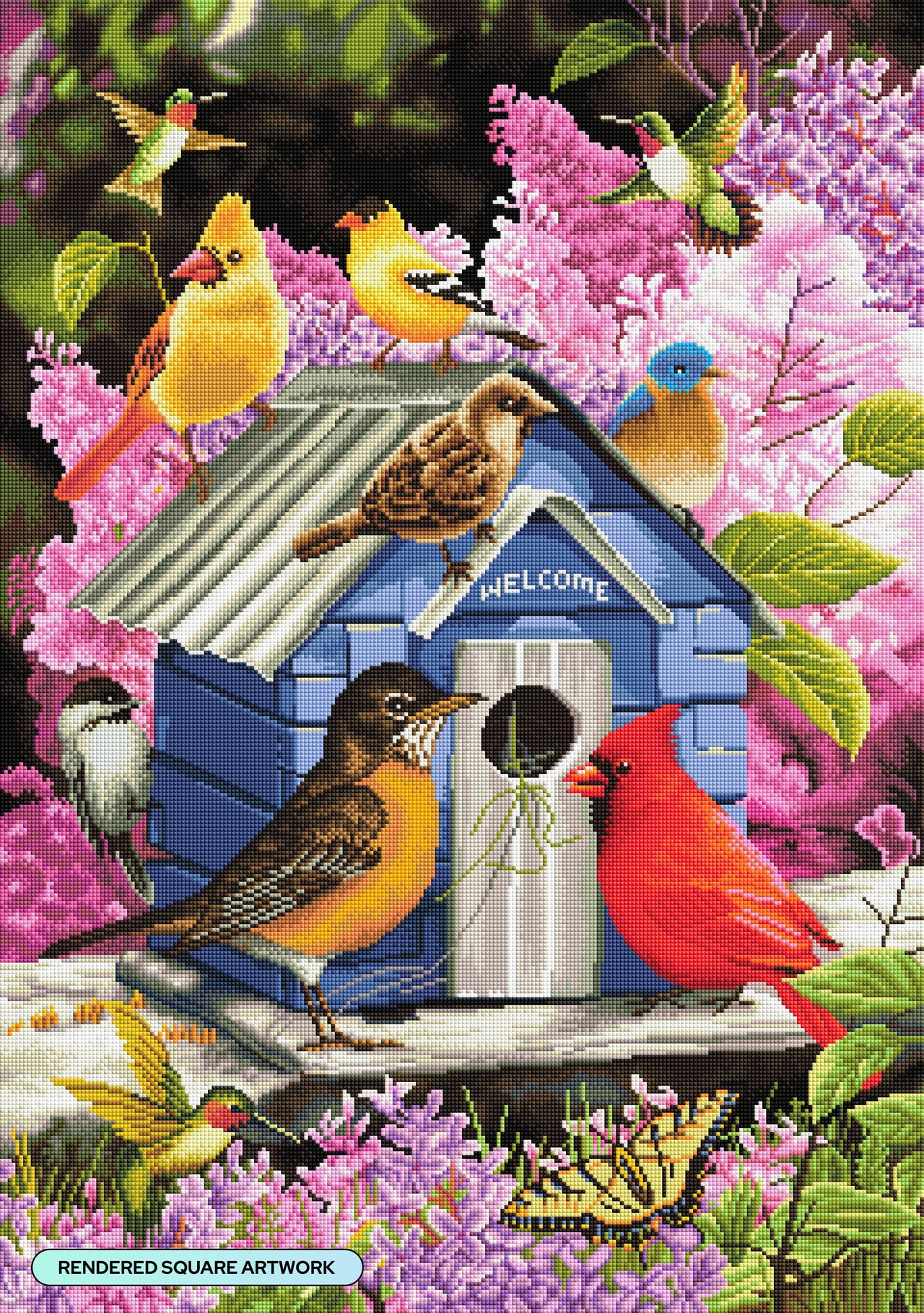 Diamond Painting Spring Birdhouse 23.6" x 33.5" (60cm x 85cm) / Square with 68 Colors including 4 ABs and 2 Fairy Dust Diamonds / 81,840