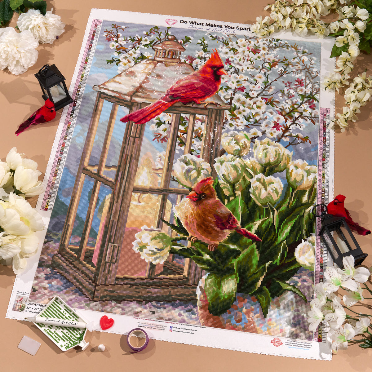 Diamond Painting Spring Cardinals 22" x 29" (55.8cm x 73.7cm) / Square with 83 Colors including 2 ABs and 1 Iridescent Diamond and 1 Fairy Dust Diamond / 66,304