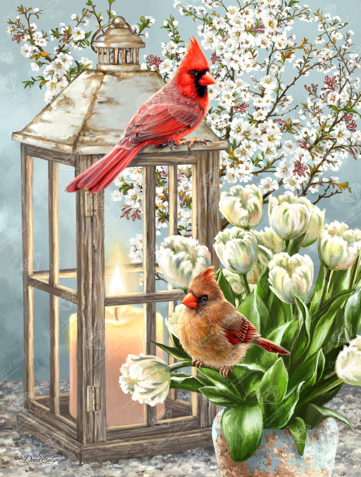 Diamond Painting Spring Cardinals 22" x 29" (55.8cm x 73.7cm) / Square with 83 Colors including 2 ABs and 1 Iridescent Diamond and 1 Fairy Dust Diamond / 66,304