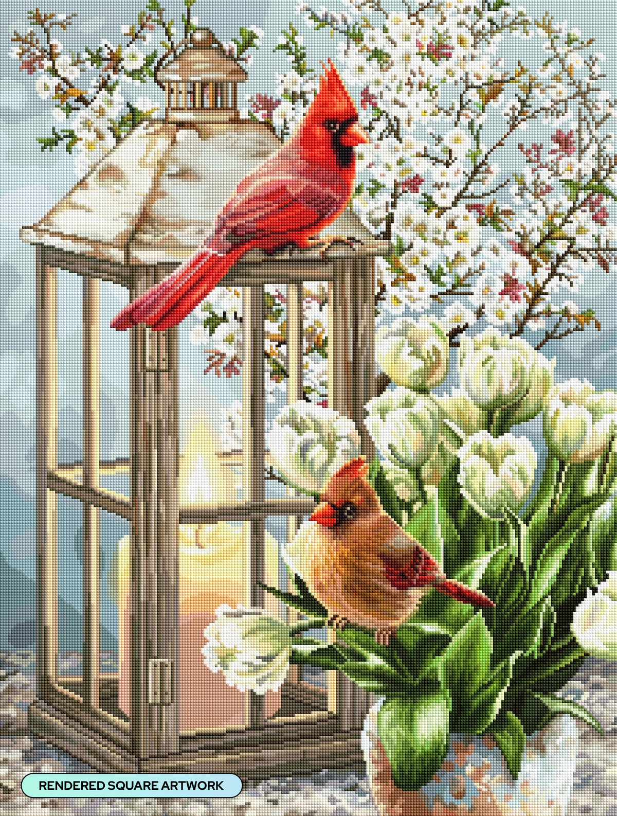 Diamond Painting Spring Cardinals 22" x 29" (55.8cm x 73.7cm) / Square with 83 Colors including 2 ABs and 1 Iridescent Diamond and 1 Fairy Dust Diamond / 66,304