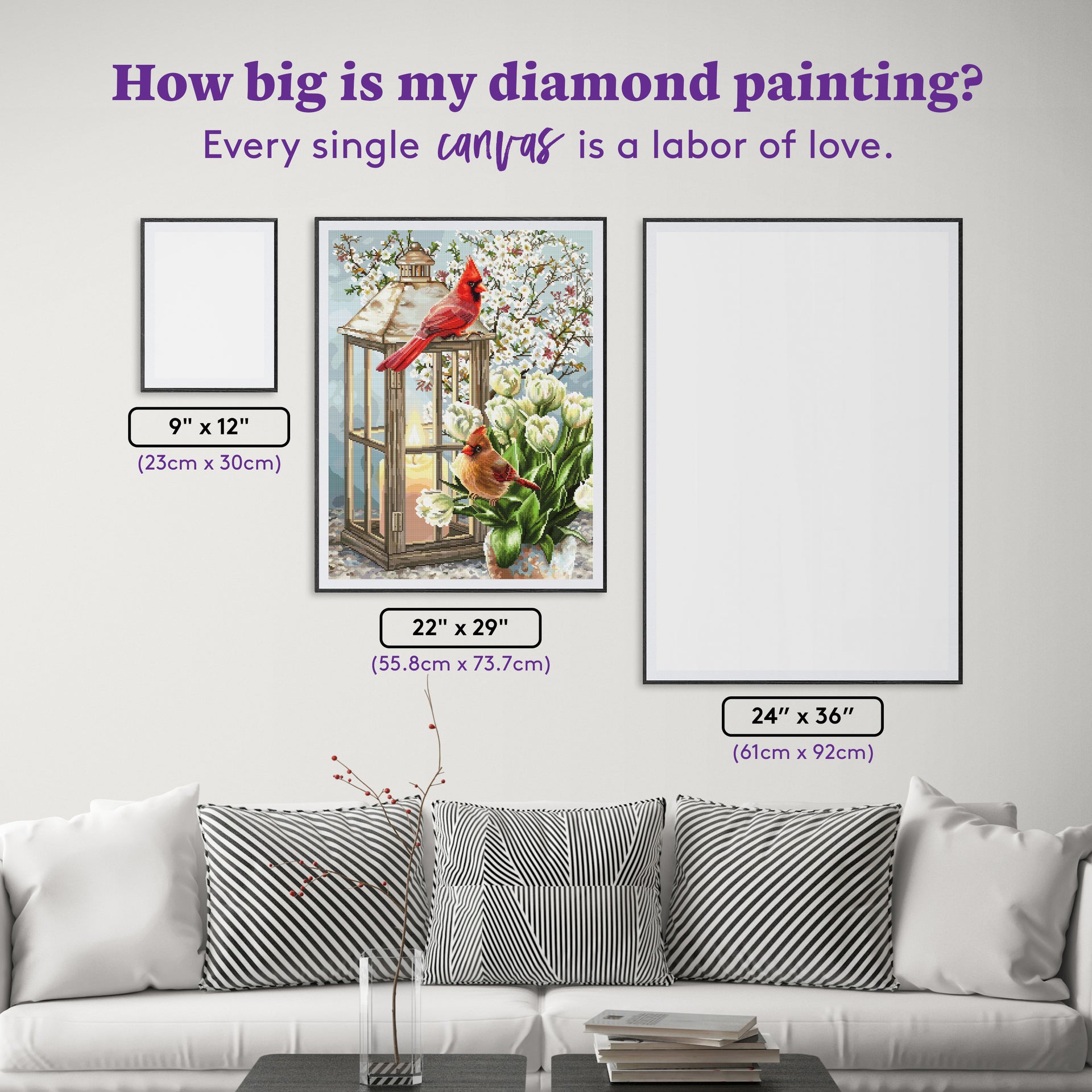 Diamond Painting Spring Cardinals 22" x 29" (55.8cm x 73.7cm) / Square with 83 Colors including 2 ABs and 1 Iridescent Diamond and 1 Fairy Dust Diamond / 66,304