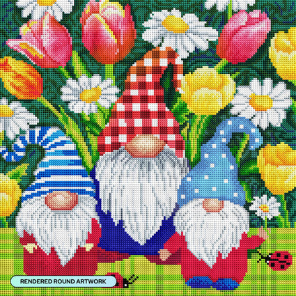 Diamond Painting Spring Garden Gnomes 17" x 17" (42.6cm x 42.6cm) / Round with 43 colors including 4 ABs and 2 Fairy Dust Diamonds / 23,104