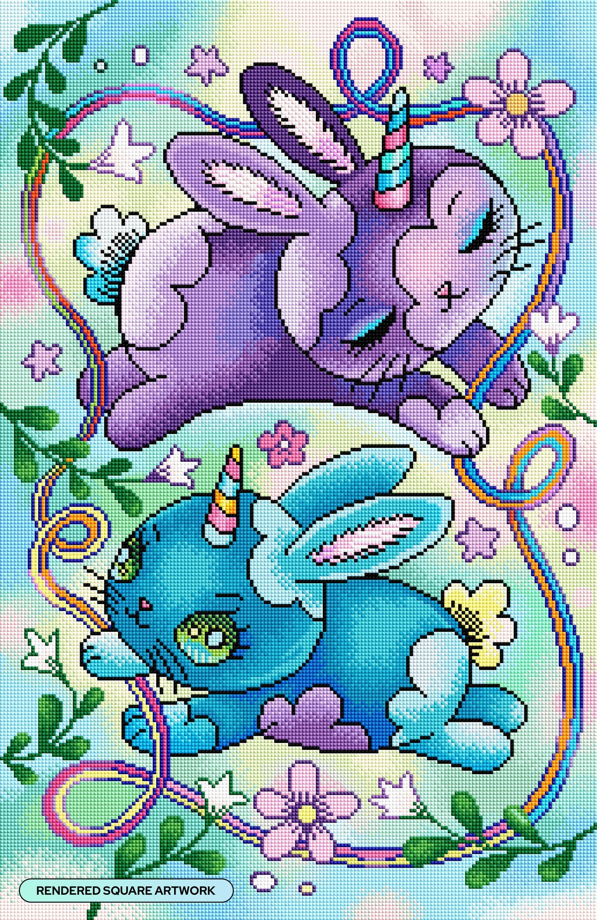 Diamond Painting Spring Unicorn Bunnies 17" x 26" (42.8cm x 66cm) / Square with 59 Colors including 1 AB and 5 Fairy Dust Diamonds / 45,580
