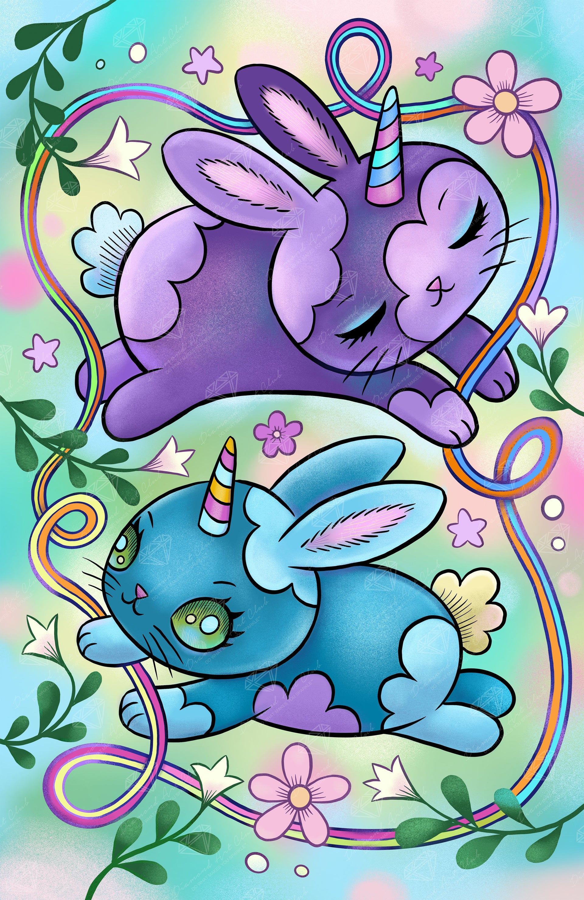 Diamond Painting Spring Unicorn Bunnies 17" x 26" (42.8cm x 66cm) / Square with 59 Colors including 1 AB and 5 Fairy Dust Diamonds / 45,580