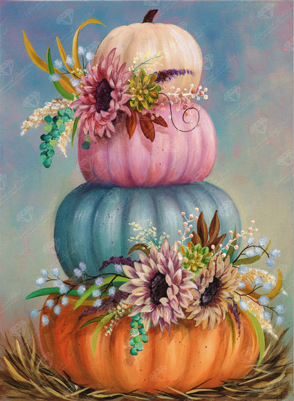 Diamond Painting Stacked Pumpkins with Sunflowers 20" x 27" (50.7cm x 69cm) / Round with 57 Colors including 1 ABs and 2 Fairy Dust Diamonds / 44,526