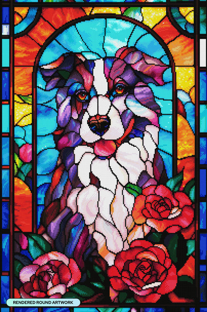 Diamond Painting Stained Glass Border Collie 22" x 33" (55.6cm x 83.7cm) / Round with 77 Colors including 3 ABs and 4 Fairy Dust Diamonds / 61,408