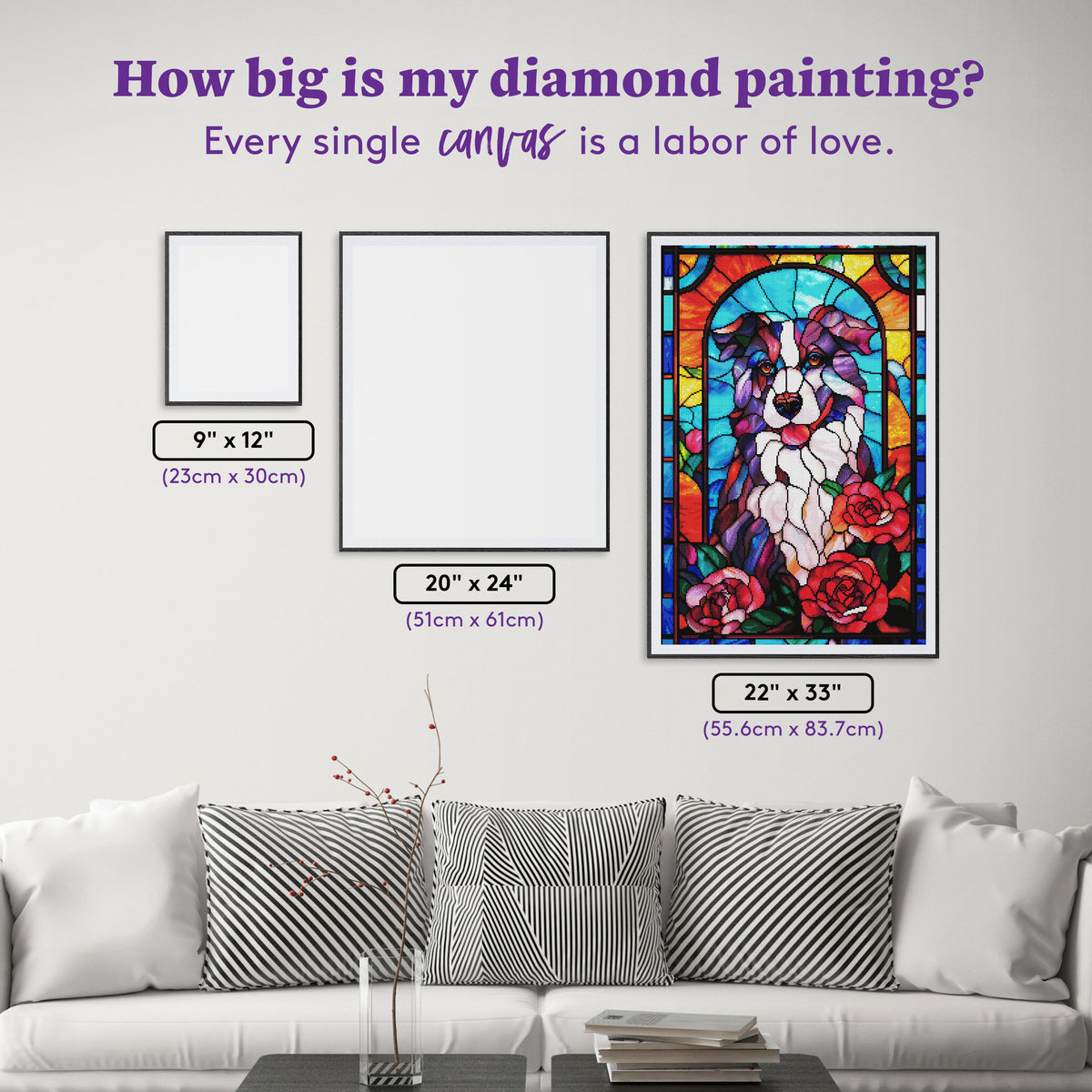 Diamond Painting Stained Glass Border Collie 22" x 33" (55.6cm x 83.7cm) / Round with 77 Colors including 3 ABs and 4 Fairy Dust Diamonds / 61,408