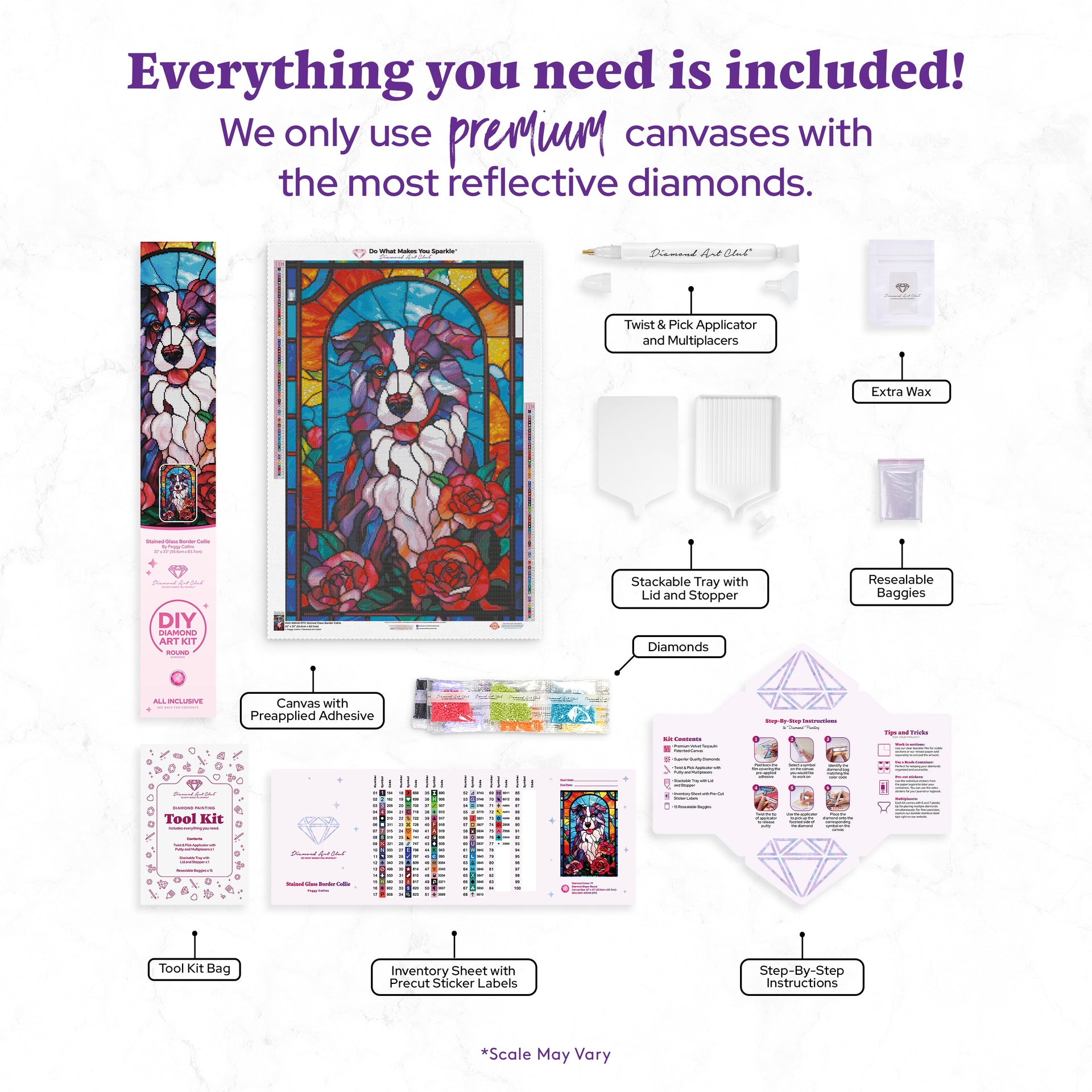 Diamond Painting Stained Glass Border Collie 22" x 33" (55.6cm x 83.7cm) / Round with 77 Colors including 3 ABs and 4 Fairy Dust Diamonds / 61,408